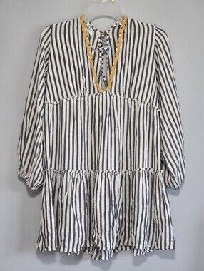 Blue Island Striped Blue + Yellow Ric Rac Trim Tie Neck Tiered Boho Size M